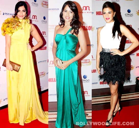 Sonam Kapoor, Sameera Reddy,Jacqueline Fernandez were recently spotted at the Hello! Hall of fame awards. While Sameera and Sonam opted for gorgeous floor length gowns, Jacqueline was seen in a funky black and white outfit. 