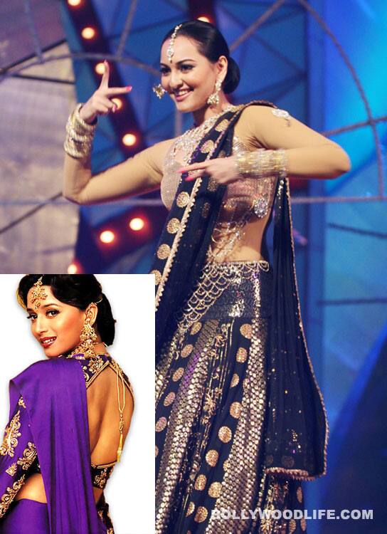 <b>DIDI TERA DEWAR: Sonakshi Sinha</b>:
Sonakshi is probably one of the few fresh entrants who has the Indian looks to carry off the iconic purple outfit worn by Madhuri in this one. To add to it, she’s got the curves required to re-butt the flower catapulted at her charming behind by the hero.