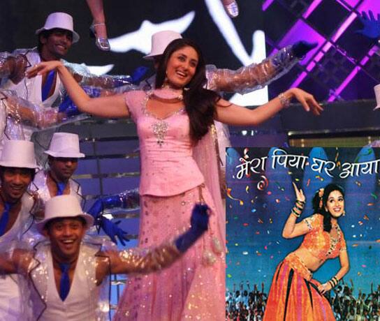 <b>MERA PIYA GHAR AAYA: Kareena Kapoor</b>:
Vibrant, vivacious and sexy – that’s both the song and Kareena. Only the Kapoor gal could bring in that energy and passion that Madhuri personified so beautifully. She’s done it before in the Bani bani track from <i>Main Prem Ki Diwani Hoon</i>. Remember?