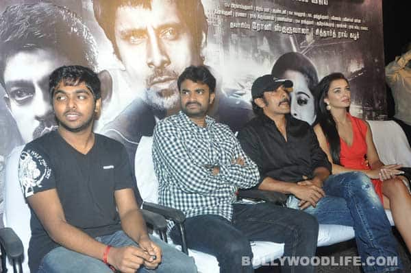 Music director GV Prakash, director AL Vijay, Vikram and Amy Jackson