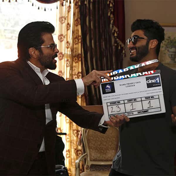 Arjun Kapoor is all smiles as he takes the first shot of Mubarakan with Anil Kapoor