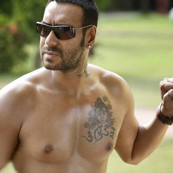 Ajay Devgn with Lord Shiva tattoo on his chest
