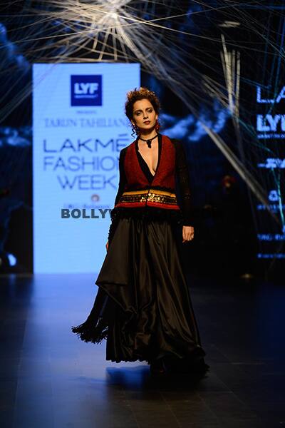 Kangana Ranaut in black and maroon Tarun Tahiliani outfit