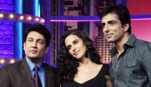 Neha Dhupia and Sonu Sood with Shekhar Suman on the sets of ‘Movers and Shakers’