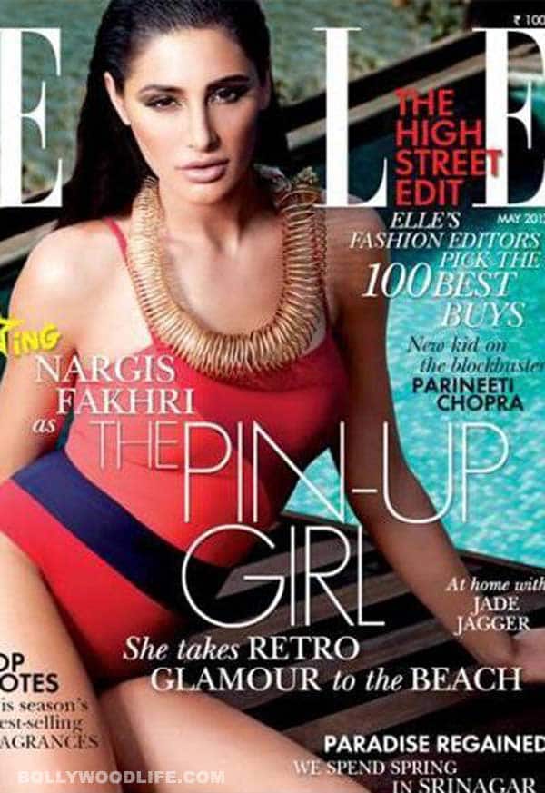 Bollywods latest pin up girl Nargis Fakhri looks ravishing in red swimsuit on the cover of ELLE magazine 130612