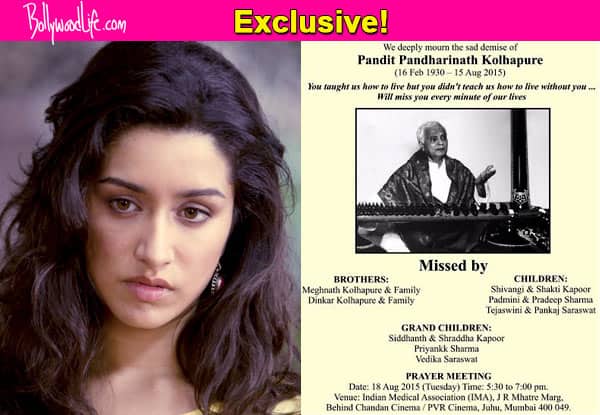 Shraddha Kapoor's grandfather Pandit Pandharinath Kolhapure is no&amp;nbsp;more...