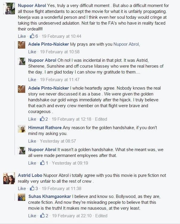 Noopur Abrol's Facebook post about the Neerja film