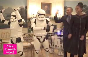 Barack Obama and Michelle Obama celebrate Star Wars Day by dancing to Uptown Funk with R2D2 and storm troopers!