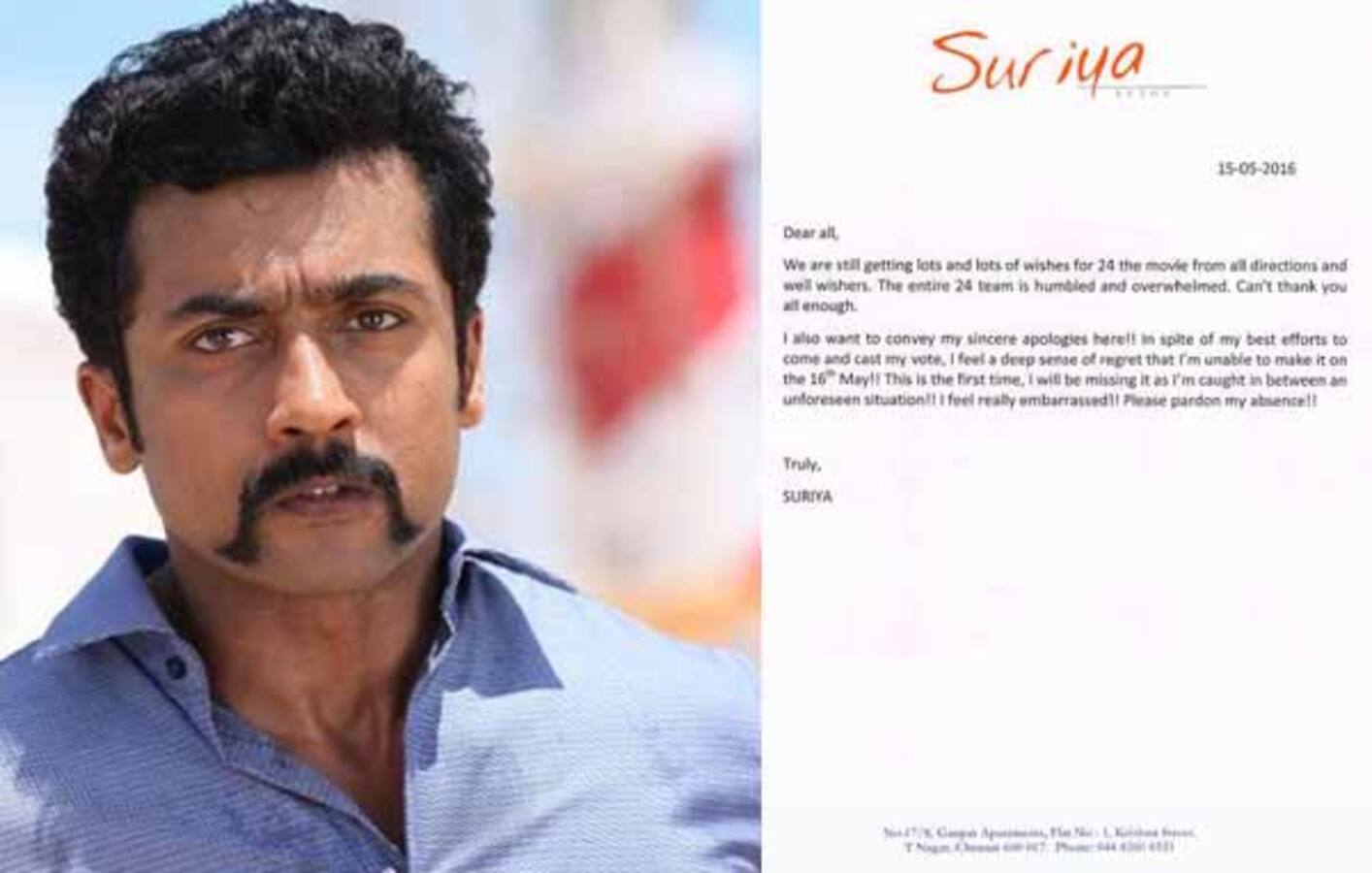 Suriya apologises to his fans for not casting his vote at Tamil Nadu state elections
