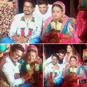 New bride Bharti Singh looks visibly moved as Adaa Khan, Jay Bhanushali, Anita Hassanandani get clicked with the couple - view pics!