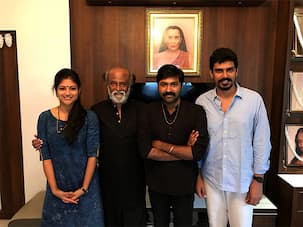Superstar Rajinikanth presents gold chains to Aruvi director and actress Aditi Balan for their tremendous work