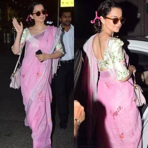 Kangana Ranaut is a spectacle in this crushed-pink 'Fierce' inscribed sari but we can't wrap our heads around the matching ribbon - view HQ pics