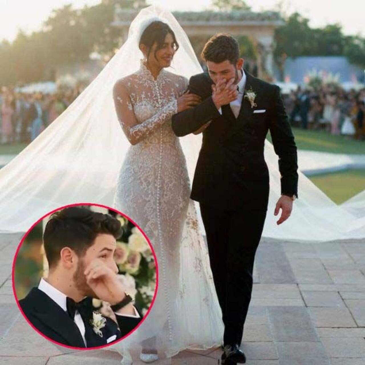 Nick Jonas wiping a tear as Priyanka Chopra walks down the aisle will