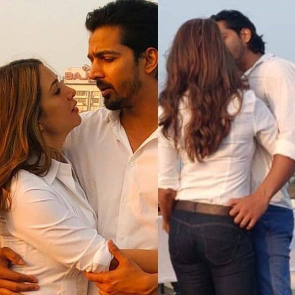 Kim Sharma and Harshvardhan Rane share a passionate kiss as they twin