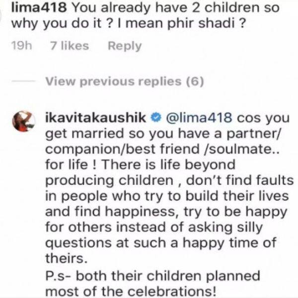 Kavita Kaushik gives a befitting reply to a hater questioning her