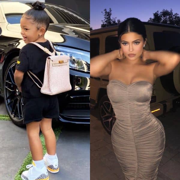 Stormi Webster wears a pink Hermès Kelly backpack to her first day