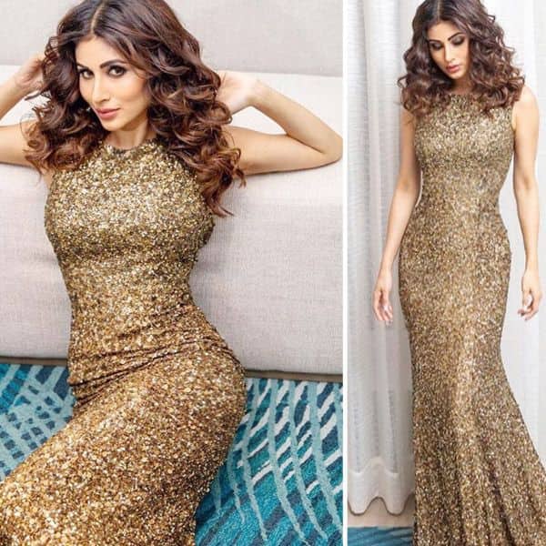 slim fit dress slacks Mouni Roy in Golden mukaish saree – Sawan Gandhi Online Store main image 0