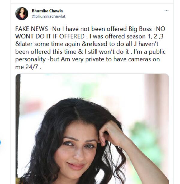 Bigg Boss 15: Salman Khan's Tere Naam co-star Bhumika Chawla STRONGLY REFUTES participation rumours – view tweet