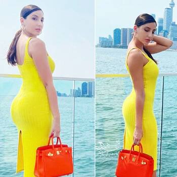 Nora Fatehi pairs sexy neon yellow bodycon dress with ₹3 lakh bag for shoot