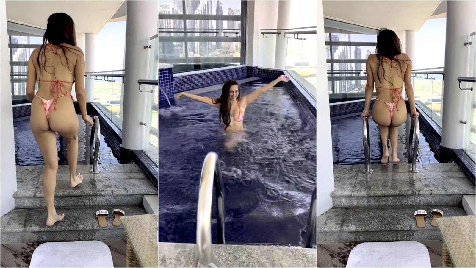 Karan Kundrra's ex girlfriend Anusha Dandekar turns up the heat as she takes a dip in a thong bikini – watch video