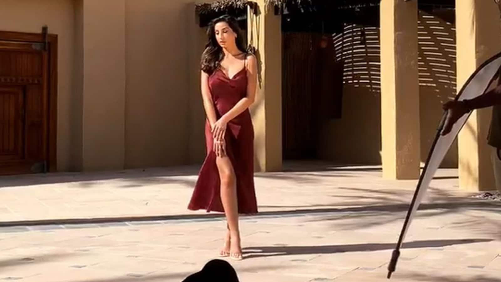 Nora Fatehis Uber Hot Photoshoot In A Wine Red High Slit Strappy Dress Will Make Your Hearts Melt 1046