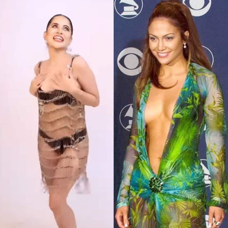 Urfi Javed dons a dress made of safety pins over a black lingerie set; a far risquer version than outfits worn by Elizabeth Hurley or Jennifer Lopez