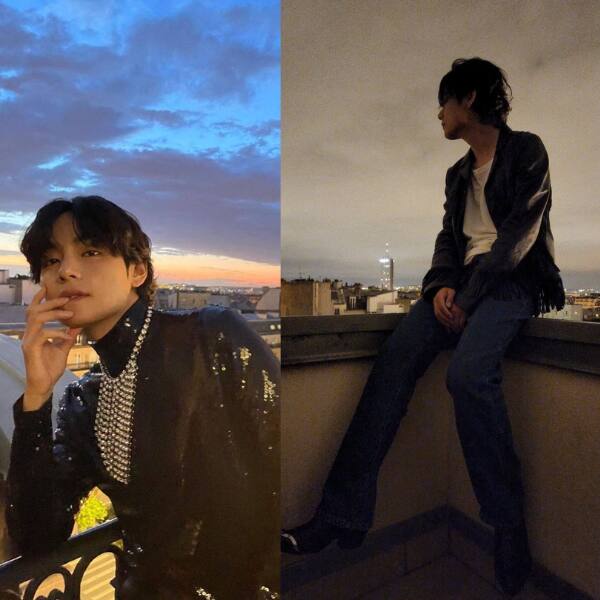 BTS V aka Kim Taehyung poses against the Parisian skyline