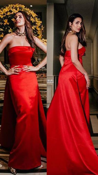 strapless open back dress Maroon Floral Embroidered Gown