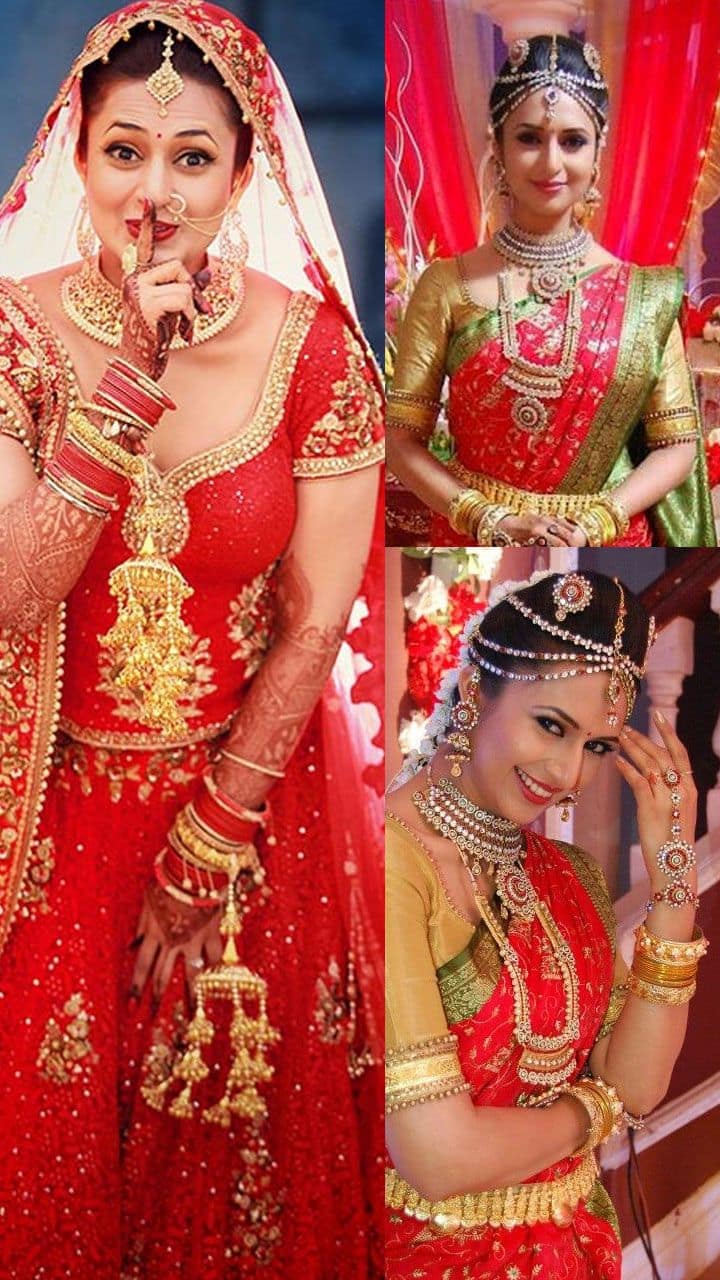 Photo of Bride twirling in red and gold lehenga with green jewellery
