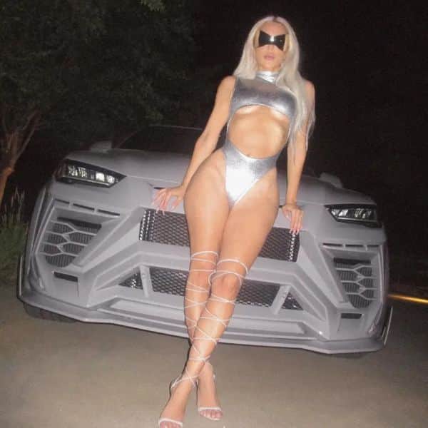 Kim Kardashian Under Boobs In Silver Monokini With Laceup Sandals Batman Styled Glasses