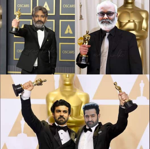 RRR For Oscars: SS Rajamouli, Ram Charan, Jr NTR look dapper with the Oscar  statuettes in hand; fan edit will make you hope it's REAL soon