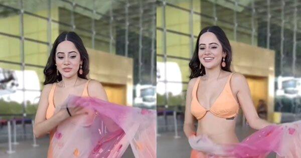 Urfi Javed saree pallu struggles to stay in place due to heavy wind at the airport; netizens ask, 'She doesn't have a safety pin?'