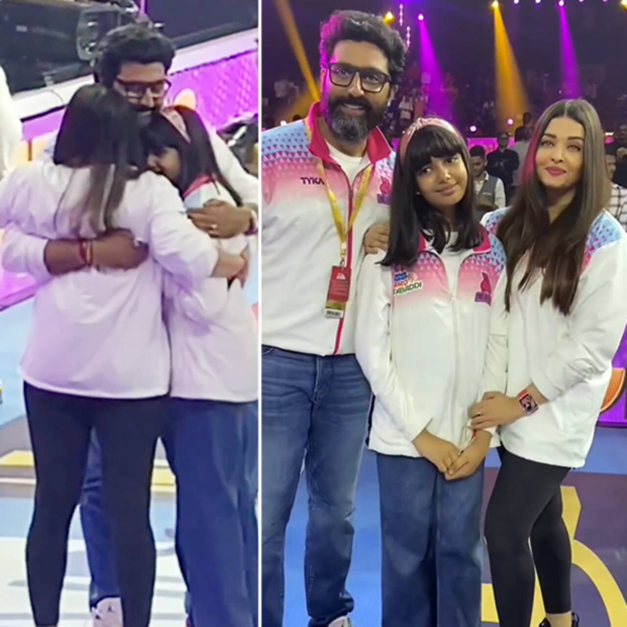 Abhishek Bachchan tagged as besharam for pulling Aishwarya Rai Bachchan and Aaradhya Bachchan for a hug after kabaddi team win [Watch]