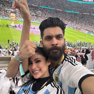 Mouni Roy and Suraj Nambiar attend the Argentina Vs Netherlands FIFA World Cup match; share moments from Maradona exhibition [View Pics]