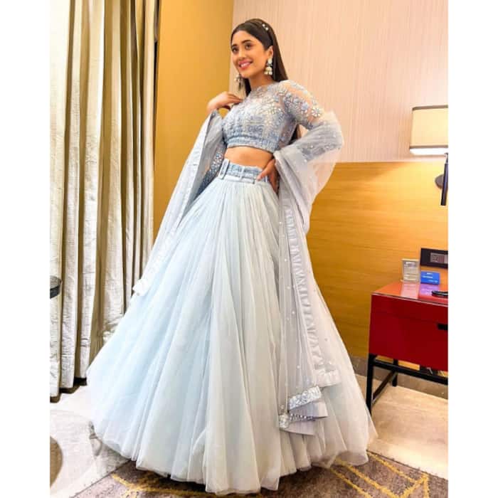 TV actresses in lehengas for sangeet night inspiration: Shivangi Joshi in powder blue lehenga