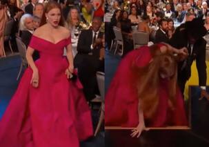जेसिका चैस्टेन के लिए ड्रेस बनी मुसीबत, अवॉर्ड लेने के लिए स्टेज पर जाते समय गिरीं हॉलीवुड एक्ट्रेस