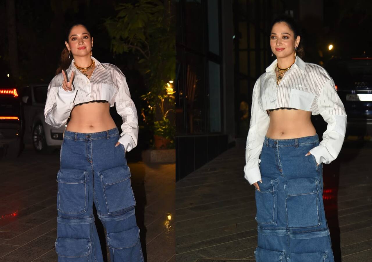 Tamannaah Bhatia flaunts her perfectly toned midriff as she slips into baggy jeans and a crop top; charms it up with chunky chains [VIEW PICS]