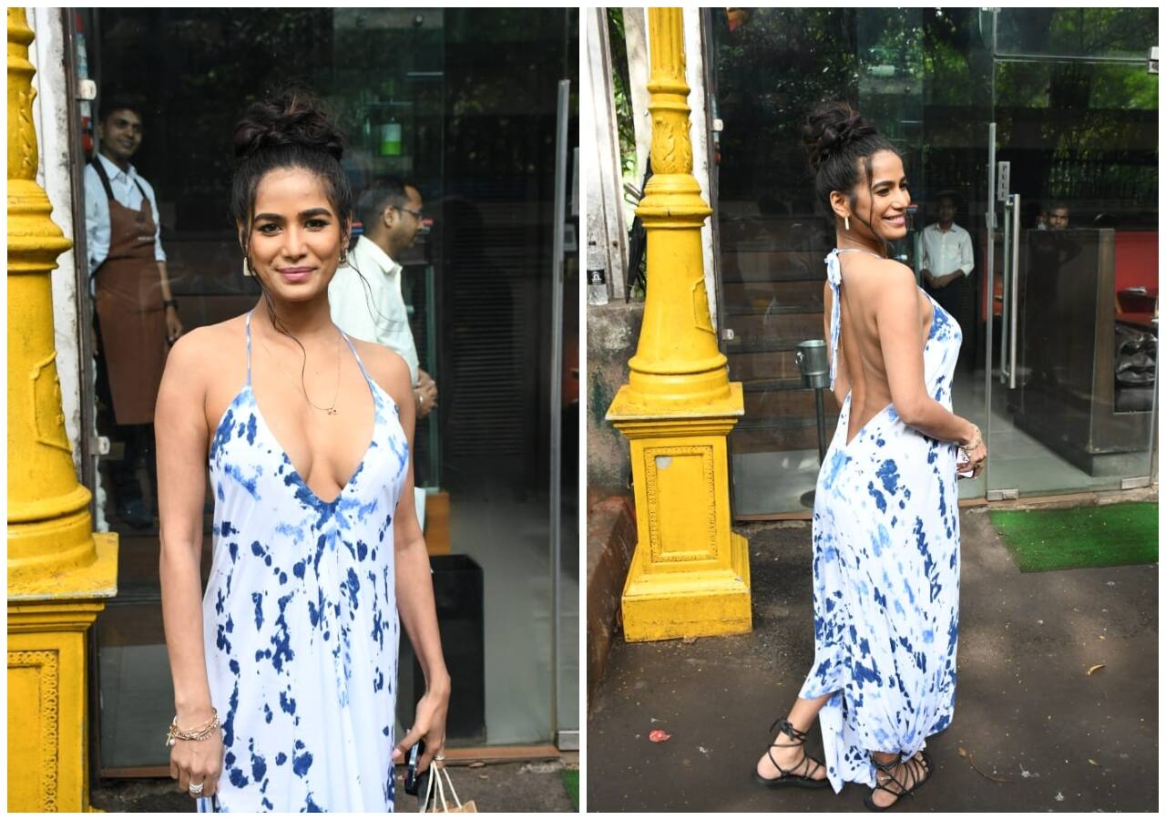 Poonam Pandey spotted in backless deep neck revealing dress in Mumbai and paps says system hang
