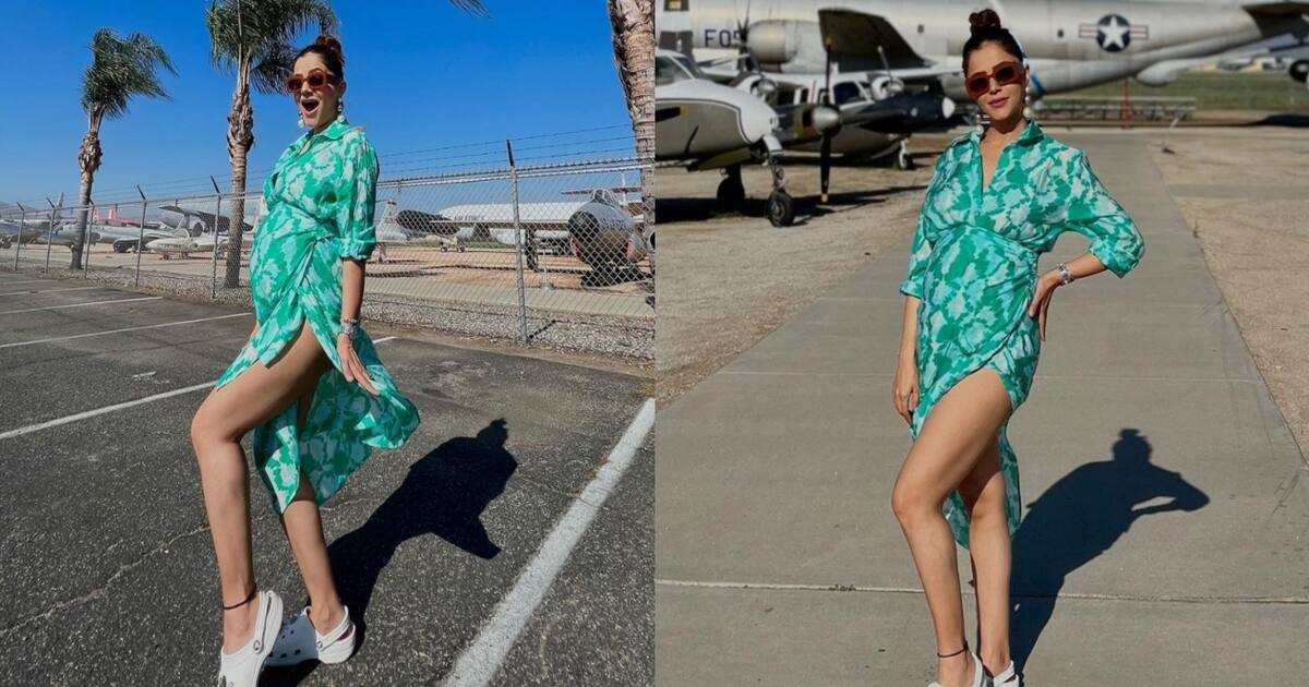 ग्रीन ड्रेस में बेबी बंप फ्लॉन्ट कर रही हैं Rubina Dilaik