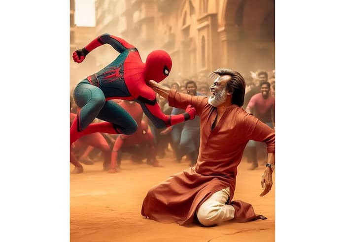 Rajinikanth holds Spiderman's neck during a fight
