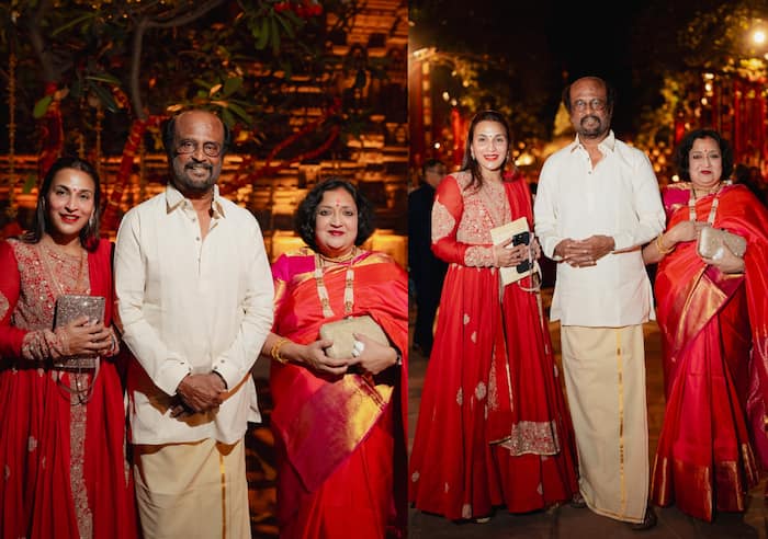Rajinikanth with wife and daughter pose at Anant Ambani and Radhika Merchant's pre-wedding 