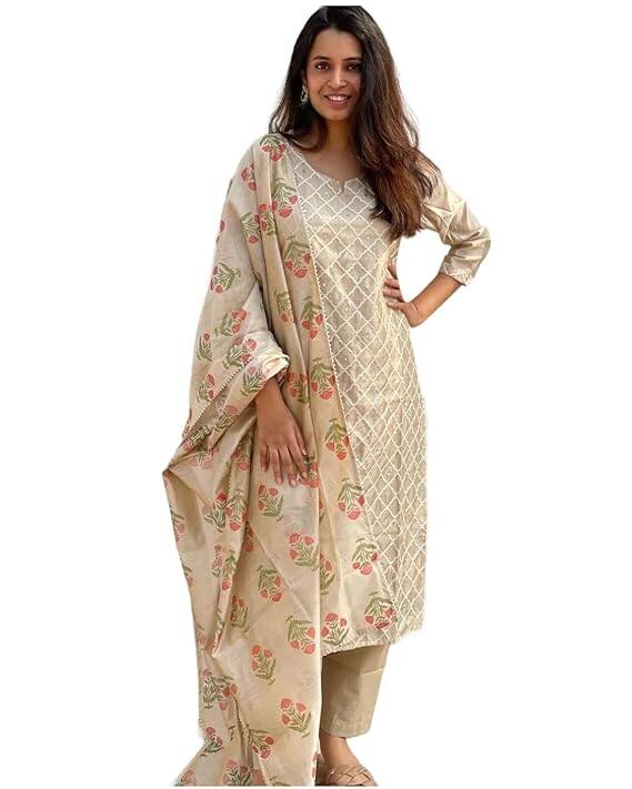 GoSriKiWomen'sCottonBlendEmbroideredStraightKurta