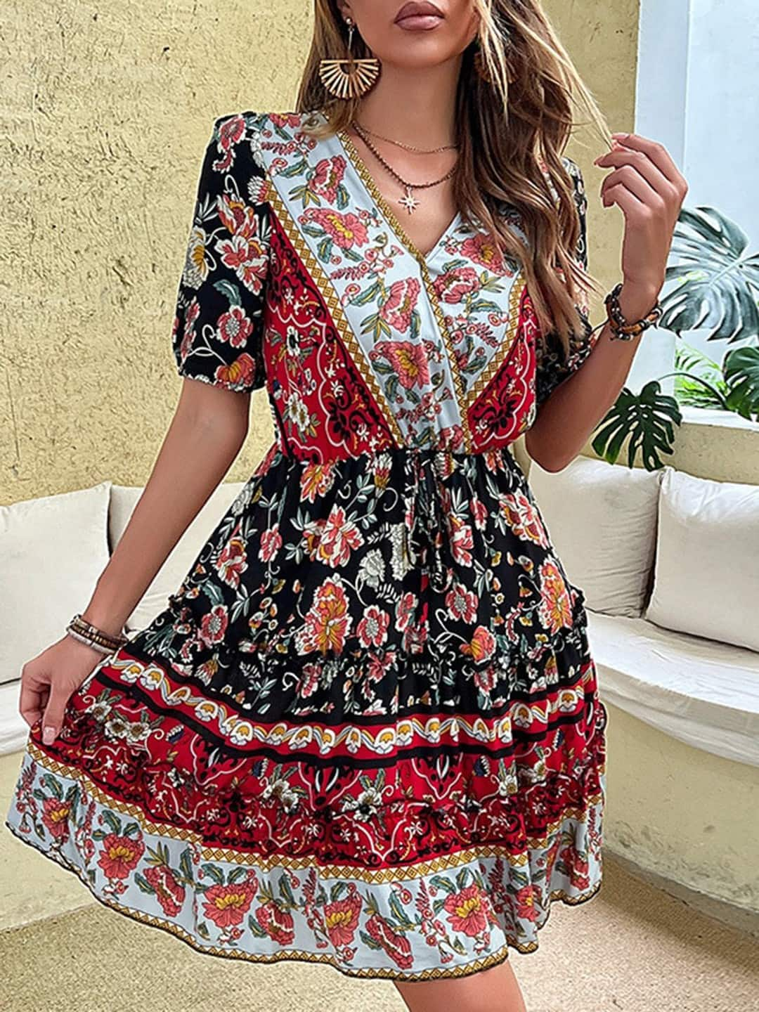 Style Cast Black Red Boh Eman Floral Printed A-Line Midi Dress