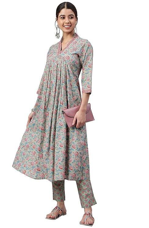 Janasya Women's Sea Green Cotton Floral Print Kurta