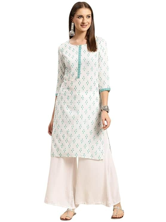 Rangita Peach Rayon Knee Length Printed Straight Kurti  