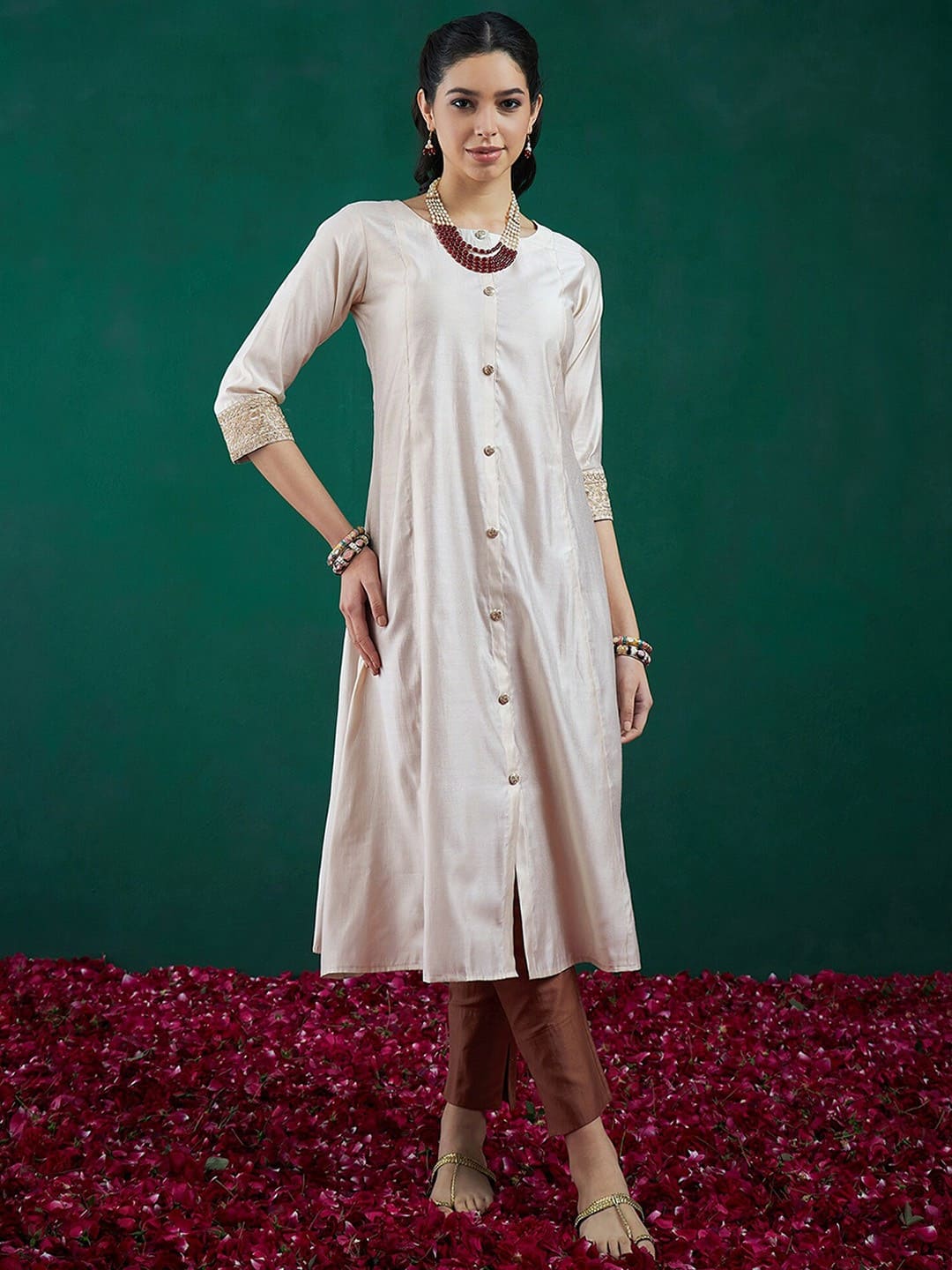 Indo Era Round Neck Embroidered A-Line Kurtas