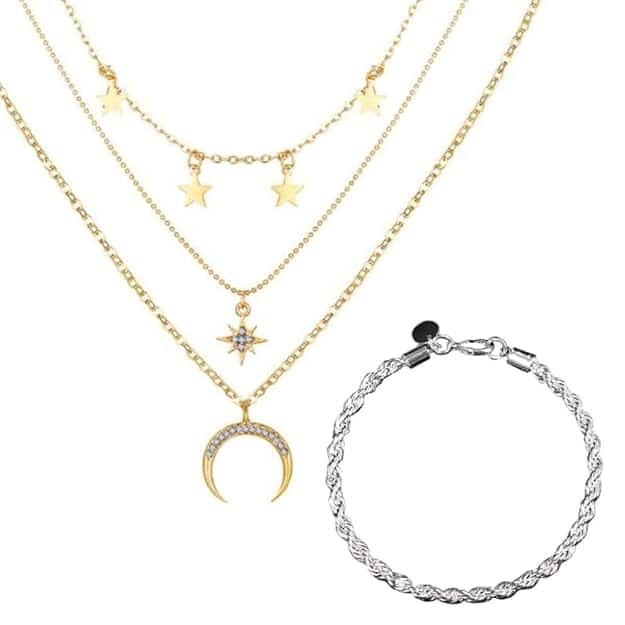 Maverick 3 Layer Crescent Moon Necklace and Twist Chain Bracelet