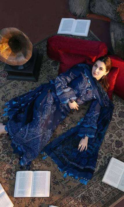 hania amir blue dress SAPPHIRE BLUE TIE-DYE TIDE LUXURY LAWN WITH CHIFFON DUPATTA COLLECTION –  Shaebiz Collection
