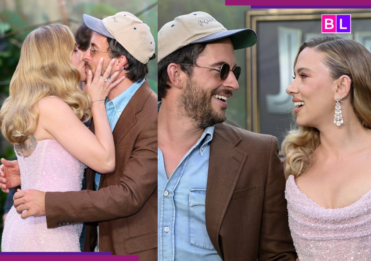 Scarlett Johansson kisses Jonathan Bailey on lips during Jurassic World premiere