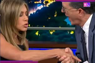 'Not In The Script': Jennifer Aniston Jokes and Stops Stephen Colbert When He Tries to Kiss Her...